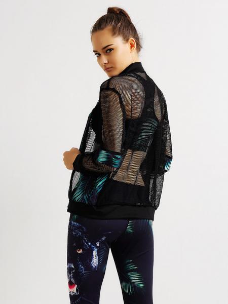 Sheer Mesh Splicing Zipper Hollow Out Printed Summer Bomber Jacket Women