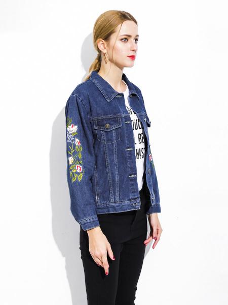 Cheap Floral & Letter Embroidery Womens Denim Jacket Sale Blue