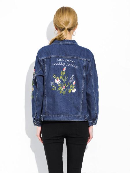 Single Breasted Unique Floral & Letter Embroidery Denim Jacket for Women