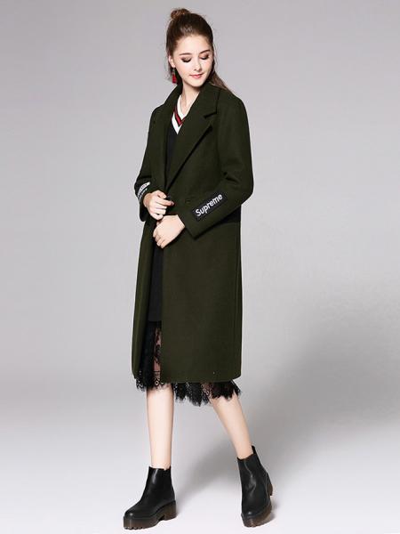 Single Button Long Sleeves Letter Printed Lined Womens Long Wool Coat