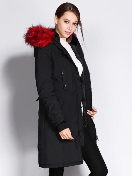 Slim Fit Long Winter Thick Parka Coat with Faux Fur Hood for Women