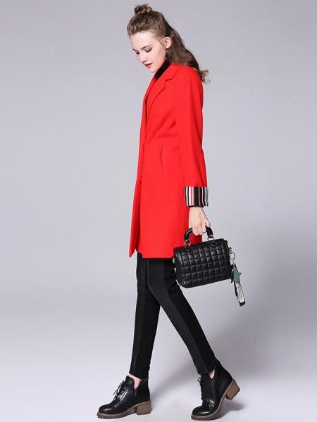 Striped Long Sleeves Double-breasted Draped Long Women Wool Pea Coat