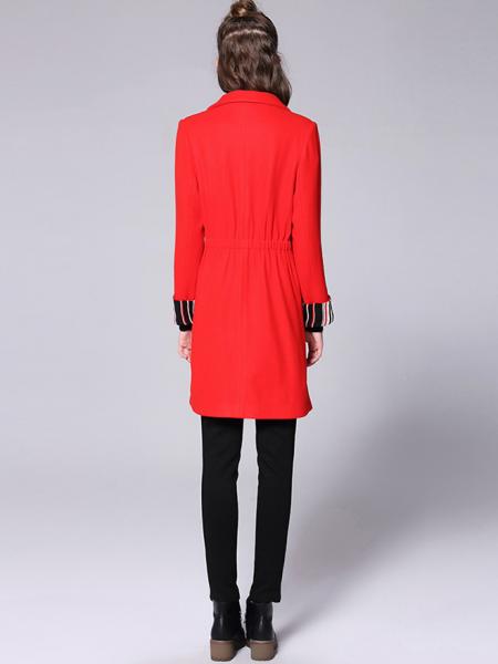 Striped Long Sleeves Double-breasted Draped Long Women Wool Pea Coat