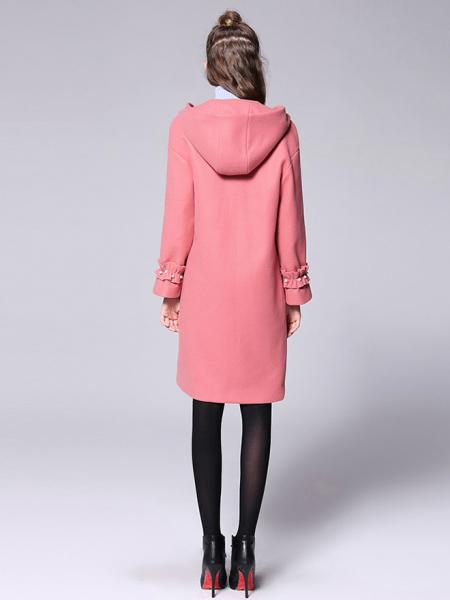 Stylish Single Press Studs Long Sleeves Hooded Long Wool Coat Womens