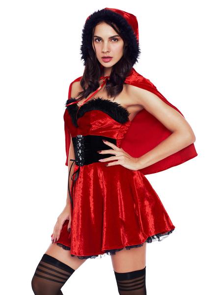Two Pieces Fluffy Strapless Mini Dress and Hooded Cape Christmas Costume