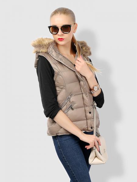 Zipper & Press Studs Puffer Short Padded Hooded Vest Coat for Women