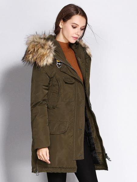 Zipper & Single Breasted Slim-fit Fox Fur Hooded Thick Parka Women Coat