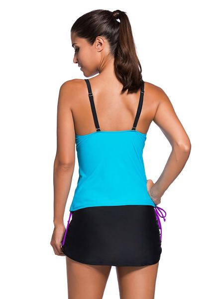 Contrast Layered Color-block Ruched & Padded Tankini with Skort Bottom Swimsuit