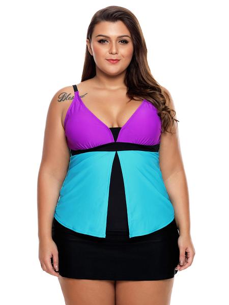 Contrast Layered Color-block Ruched & Padded Tankini with Skort Bottom Swimsuit