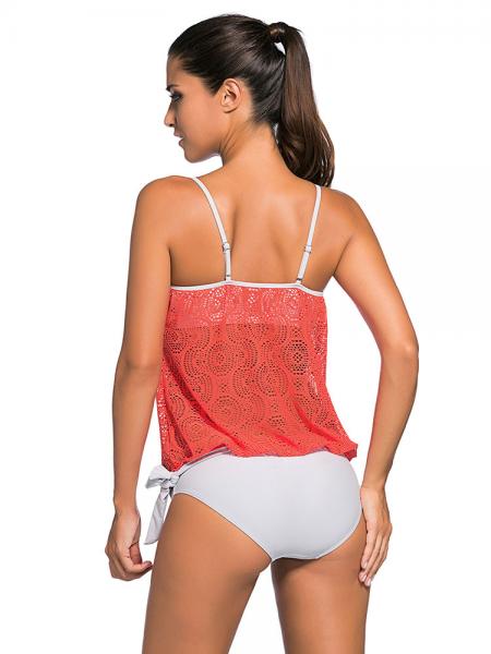 Lace Overly Pullover Sun Protection Low-waisted Padded Bandeau Tankini Swimsuit