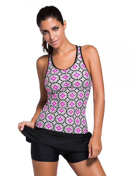 Abstract Floral Printed Sporty Style Racerback Bra Padding Tankini with Skirt