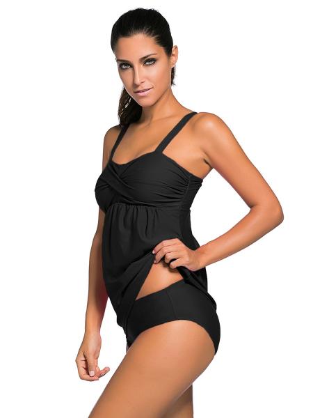 Adjustable Shoulder Straps Unremovable Padded Shirred Tankini Dress Swimwear