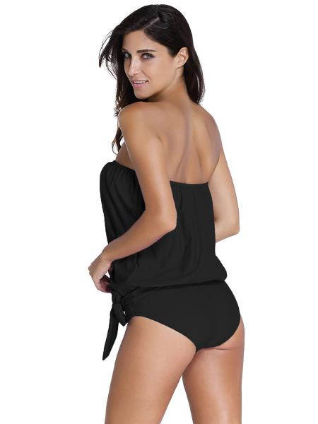 Blouson Style Padded Low-waisted Bandeau Cute Strapless Tankini Bathing Suit