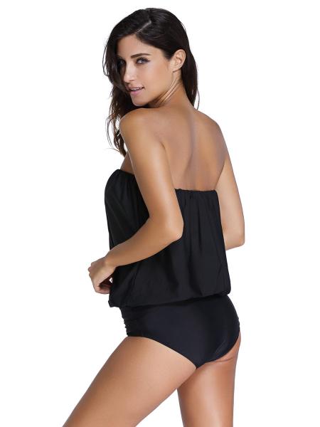 Blouson Styled Strapless Wirefree Padded High Waisted Tankini Bathing Suit