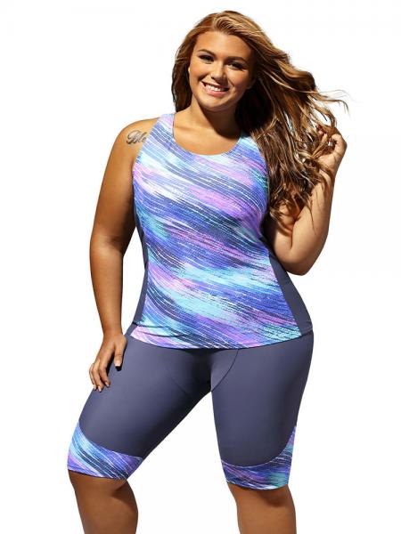 Colorful Printing Removable Bra Padding Sporty Tankini with Cropped Pants Set