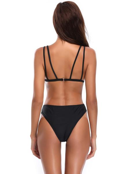 Crisscross and O-ring Detail Sexy Cut-out Triangular Padded Plain Black Bikini