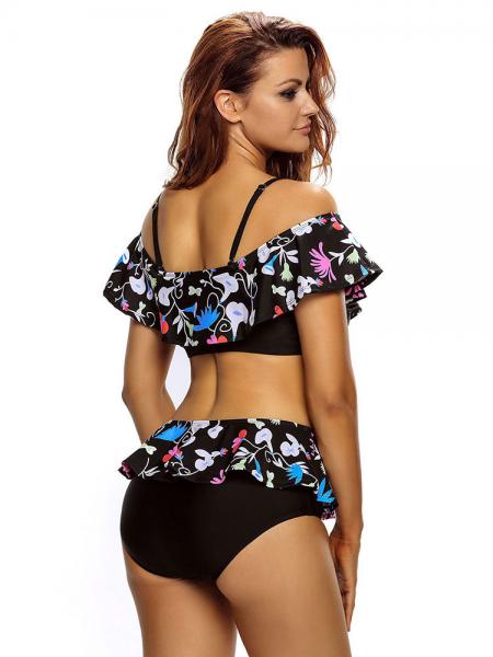 Multi Colors Floral Printing Off-the-shoulder Padded & Ruffled Woman Bikini Suit