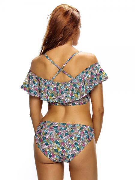 Retro Floral Printed Ruffles Accent Off-the-shoulder Padded Low-waisted Bikinis