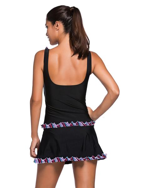 Retro Inspired Removable Bra Padding Low Cut Back Ruffles Splicing Skirt Tankini