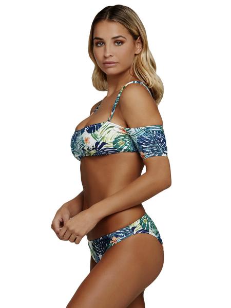 Tropical Printed Off-the-shoulder Short Sleeves Bandeau Padded Womens Bikinis