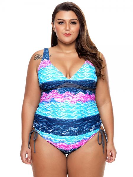 Unique Waves Printing Deep-v Neckline Bra Padding Lacing Sides Tankini Swimsuit