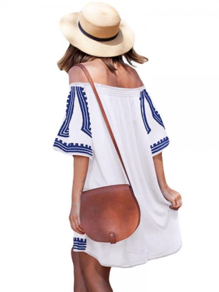 Bohemian Inspired Vibe Geometric Printed Off Shoulder Half Sleeves Beach Dress