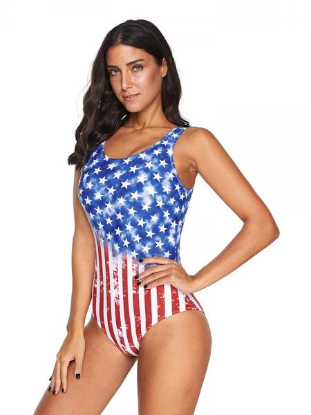 The Stars and The Stripes Printed Crossed Straps Womens Padded One Piece Swimwear