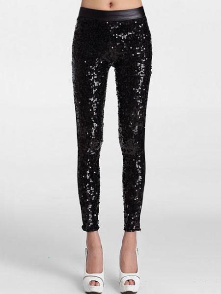 Black Slim Glittering Sporty Sparkly Front Black Sequin Leggings