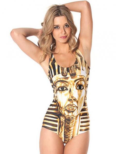 Black Gold KingTu Portrait Printed Scoop Neck Designer One Piece Swimsuits