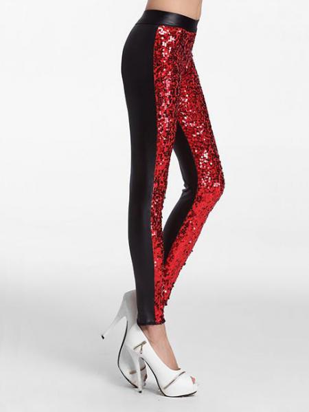 Red Black Slim Glittering Sporty Sparkly Front Black Sequin Leggings