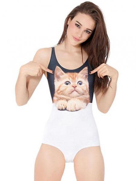 Black White 2014 Summer Lovely Cute Cat Print One Piece Swimwear