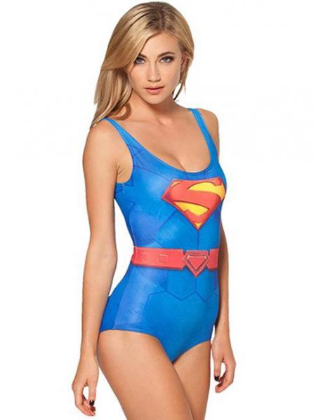 Blue Red Summer Scoop Neck Superman Smart One Piece Swimwear