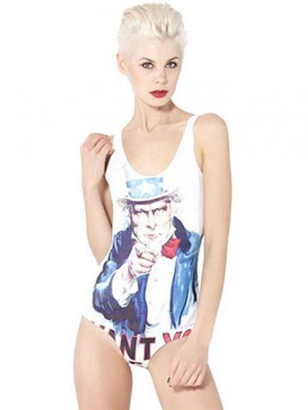 White Blue Uncle Sam Pattern Low Cut Back One Piece Swimwear