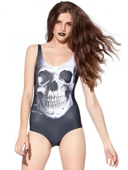 Black Unique Skull Design Stretchy One Piece Swimwear