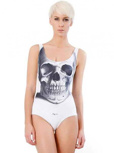 White Unique Skull Design Stretchy One Piece Swimwear