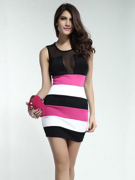 Black Pink White Polyester High Waist Sleeveless Hollow Out Sexy Mesh Skinny Tank Mini Dresses