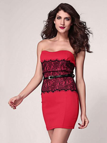 Red High-waisted Lace Appliques Strapless Eyelash Waist Cincher Bodycon Mini Dresses