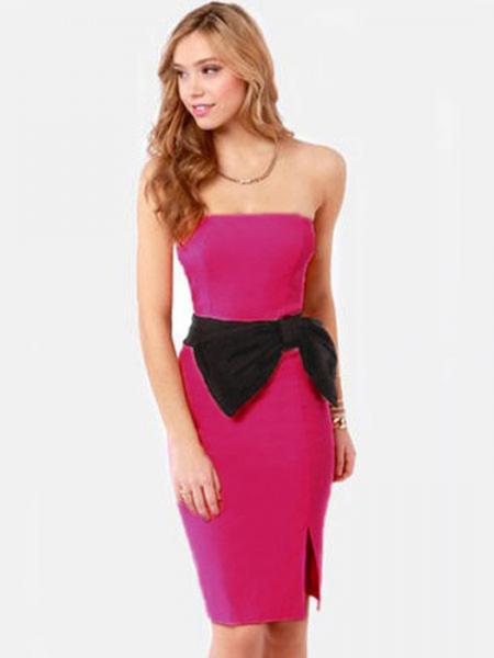 Rosy Black High Waisted Sleeveless Bow Appliques Stunning Side Up Strapless Summer Midi Dresses