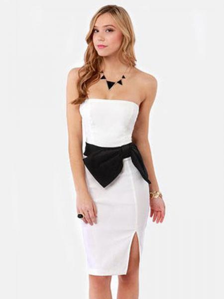 White Black High Waisted Sleeveless Bow Appliques Stunning Side Up Strapless Summer Midi Dresses