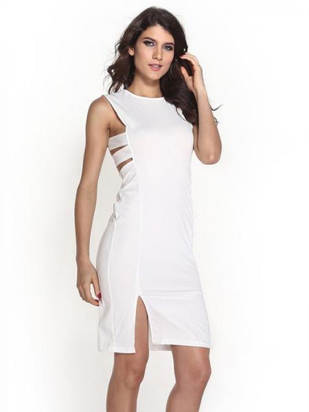 White Vilanya High Waisted Double-slit Sleeveless Round Neck Cut Out Midi Dresses