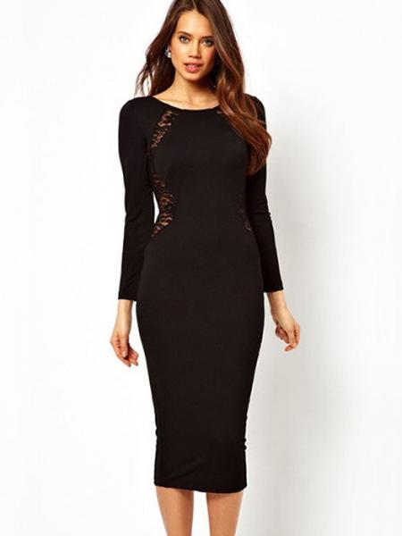 Black Classic Round Neck Long Sleeve High Waisted Zipper Lace Inset Back Stretchy Midi Dresses