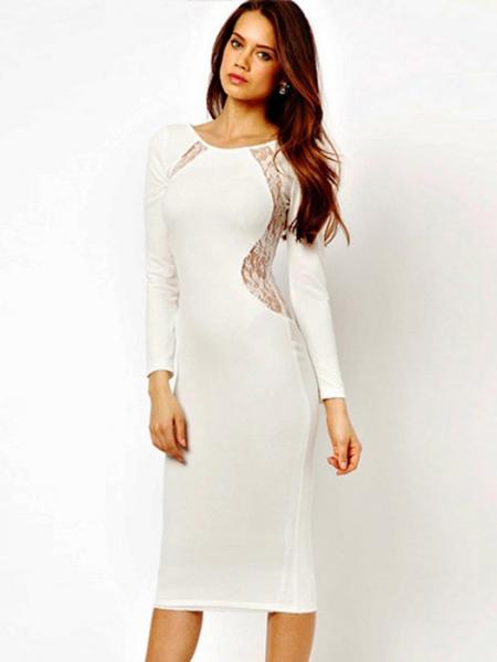 White Classic Round Neck Long Sleeve High Waisted Zipper Lace Inset Back Stretchy Midi Dresses