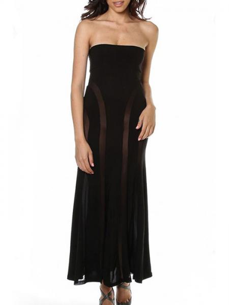 Black High Waisted Lightsome Sheer Mesh Insert Convertible Loose Fitting Lace Strapless Maxi Dresses