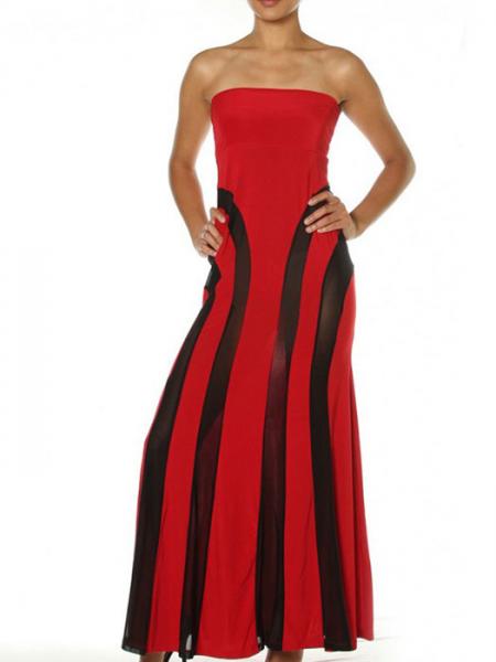 Red Black High Waisted Lightsome Sheer Mesh Insert Convertible Loose Fitting Lace Strapless Maxi Dresses