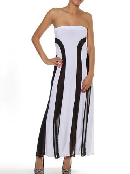 White Black High Waisted Lightsome Sheer Mesh Insert Convertible Loose Fitting Lace Strapless Maxi Dresses