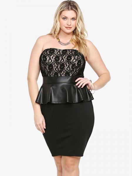 Black Black Strapless Sheer Floral Lace Top Leatherette Waistline and Peplum Mini Tube Dresses