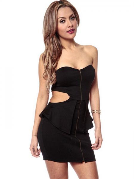 Black Black Vilanya High-waisted Strapless Cut-out Sides Zipper Front Ruffles Mini Peplum Dresses