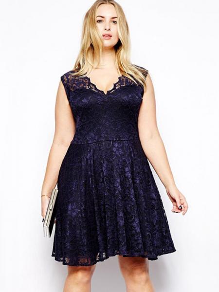 Navy High Waisted Scalloped V-neck Sleeveless Hollow Out Lace Stretchy Midi Womens Plus Size Dresses