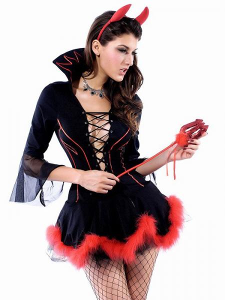 Black Red Vilanya 3pcs Marabou Trim Half Sleeved Lacing Front Miss Iblis Adult Female Halloween Costumes