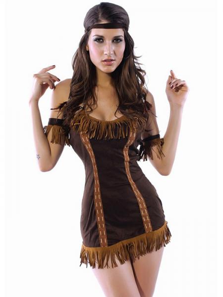 Brown Vilanya Halter Sleeveless 4 Pieces Princess Indian Halloween Costumes For Women